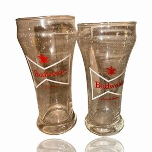 Set of 2 Budweiser King of Beers Bowtie Logo Pilsner Beer Glasses Clear
